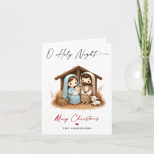 O Holy Night Christmas Nativity Scene Family Photo Holiday Card (Front)