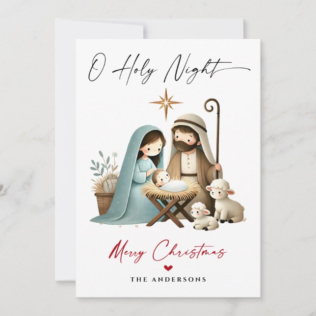 O Holy Night Christmas Nativity Scene Family Photo Holiday Card (Front)