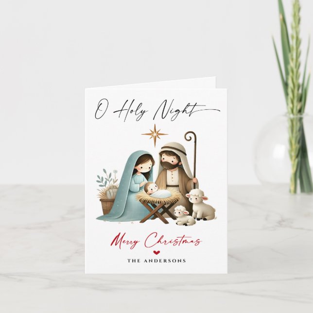 O Holy Night Christmas Nativity Scene Family Photo Holiday Card (Front)