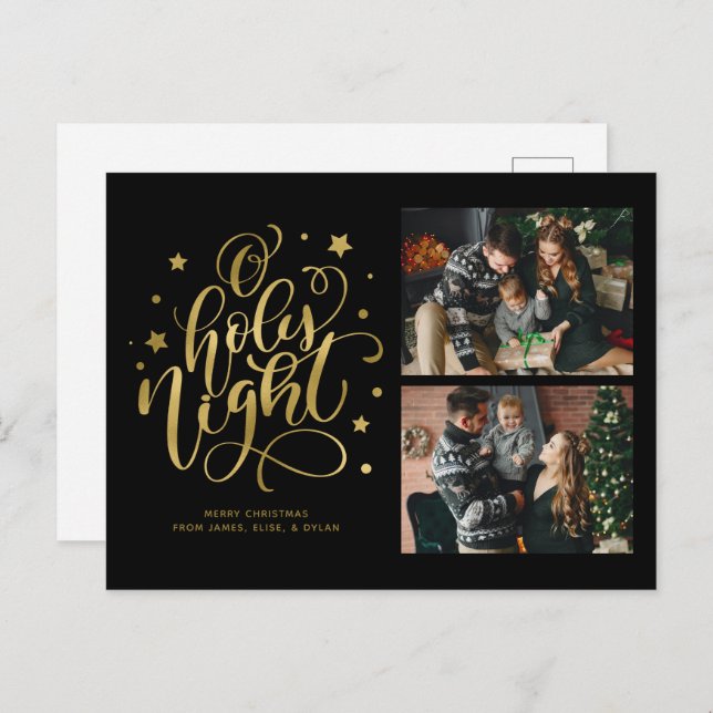 O Holy Night Fancy Script 2 Photo Collage Holiday Postcard (Front/Back)