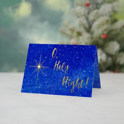 O Holy Night Gold Star Blue Religious Gilded Foil Holiday Card
