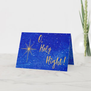 O Holy Night Gold Star Blue Religious  Holiday Card