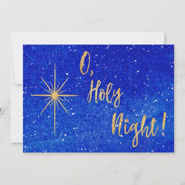 O Holy Night Gold Star Blue Religious Holiday Card (Front)