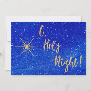 O Holy Night Gold Star Blue Religious Holiday Card
