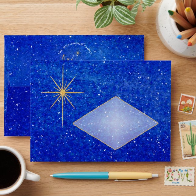 O Holy Night Gold Star Blue Return Address Envelope (Desk)