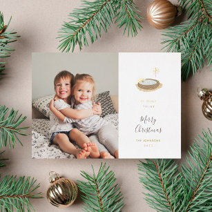 O' Holy Night Modern Nativity and Photo Christmas Foil Holiday Card