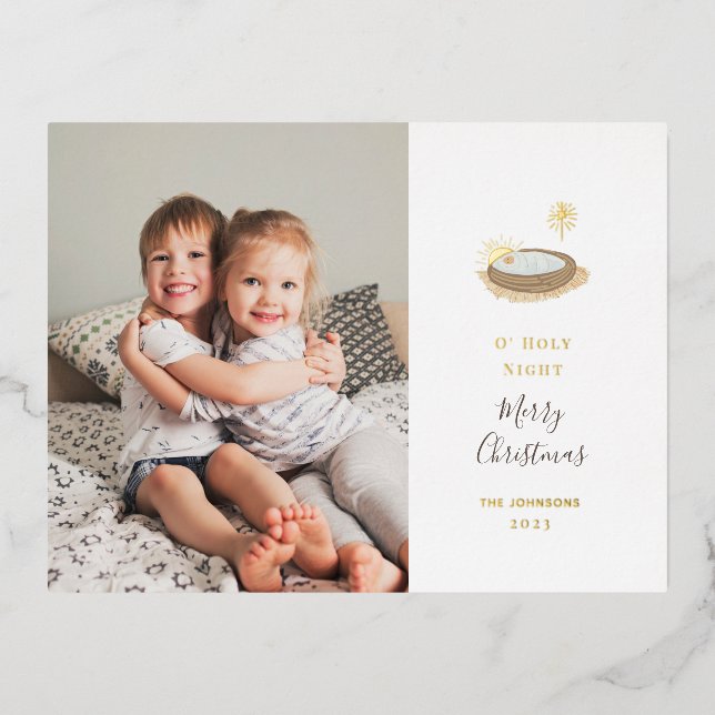 O' Holy Night Nativity and Photo Christmas Gold Foil Holiday Postcard (Front)