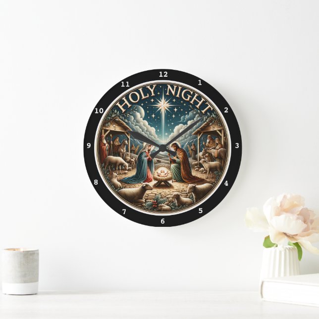 O Holy Night" - Nativity Scene Christmas  Large Clock (Home)
