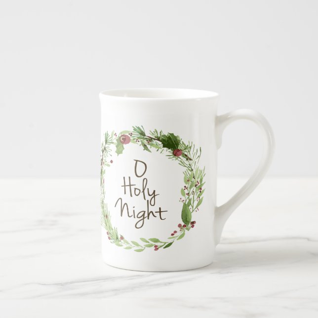 o holy night watercolor wreath bone china mug (Right)