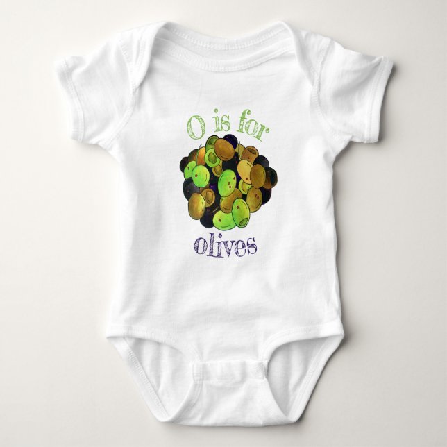O is for OLIVES Mediterranean Black Green Mixed Baby Bodysuit (Front)