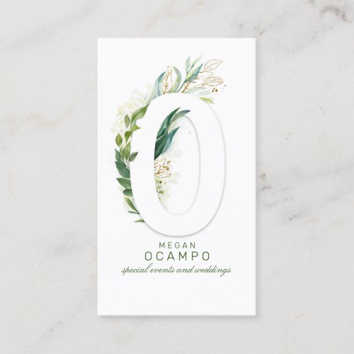 O Letter Monogram Gold Greenery Leaves Elegant Business Card