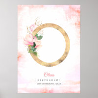 O Letter Monogram Gold Leaves Pink Magnolia Floral Poster