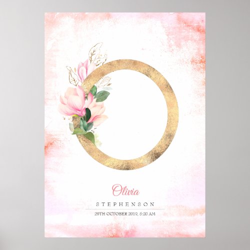 O Letter Monogram Gold Leaves Pink Magnolia Floral Poster