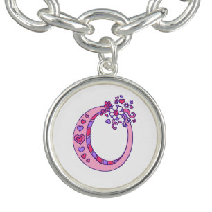 O letter monogram heart flower pink art charm bracelet