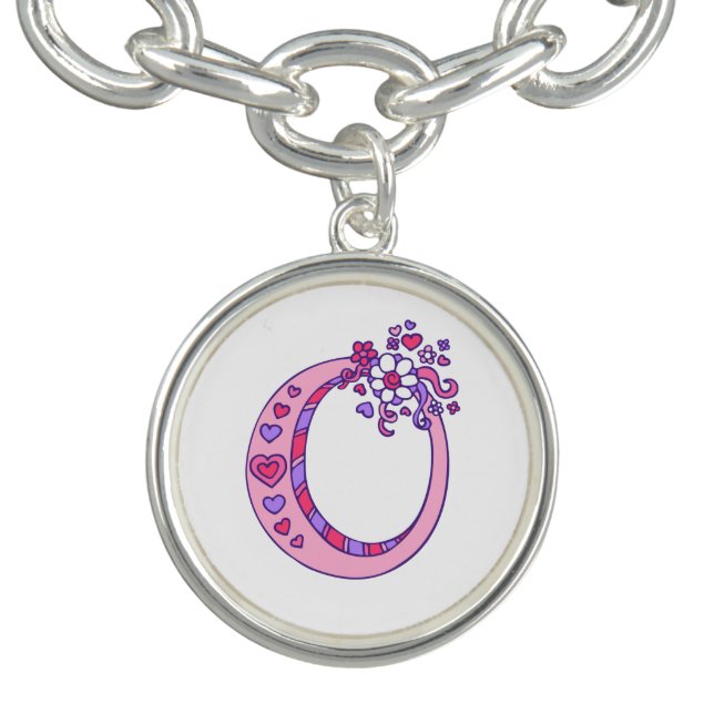 O letter monogram heart flower pink art charm charm bracelet (Design)