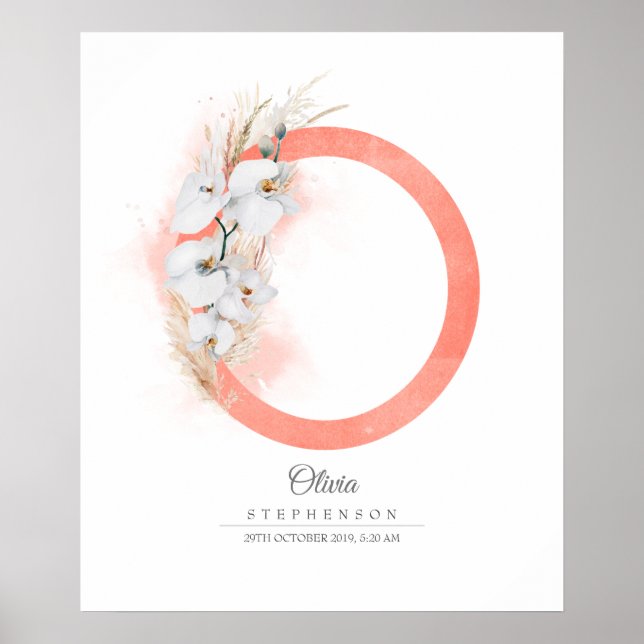 O Letter Monogram White Orchids and Pampas Grass Poster (Front)