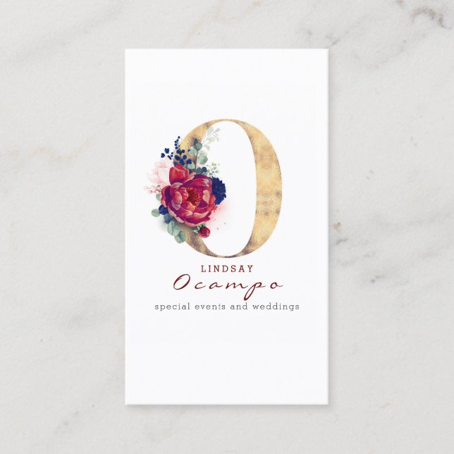 O Monogram Burgundy Gold and Navy Blue Floral Business Card (Front)