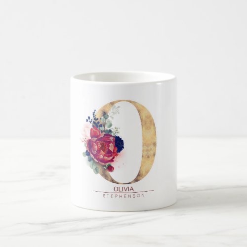 O Monogram Floral Burgundy Red and Navy Blue Coffee Mug