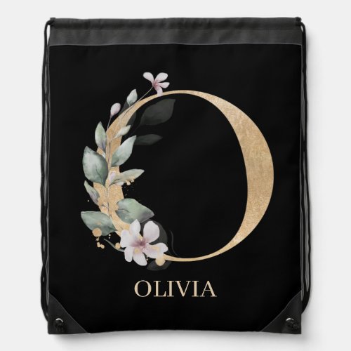 O Monogram Floral Personalized Drawstring Bag