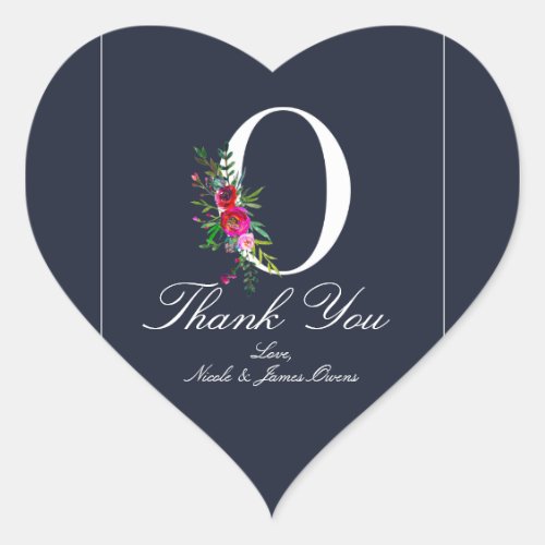 O Monogram Last Initial Modern Blue Floral Wedding Heart Sticker