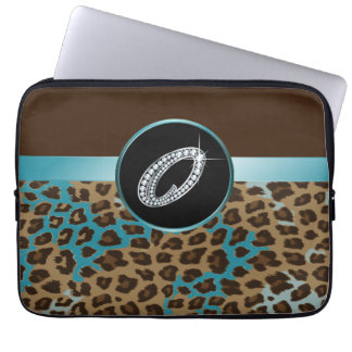 O Script "Diamond" Brown Teal Leopard & Ribbon Laptop Sleeve