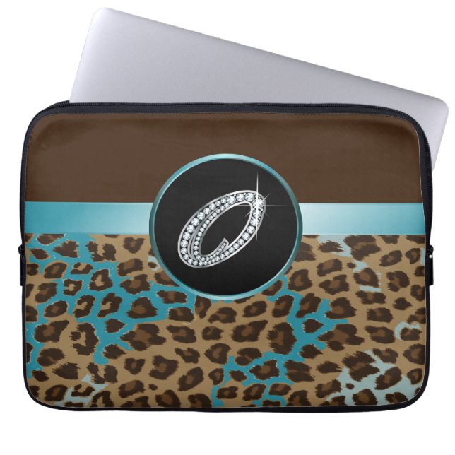O Script "Diamond" Brown Teal Leopard & Ribbon Laptop Sleeve (Front)