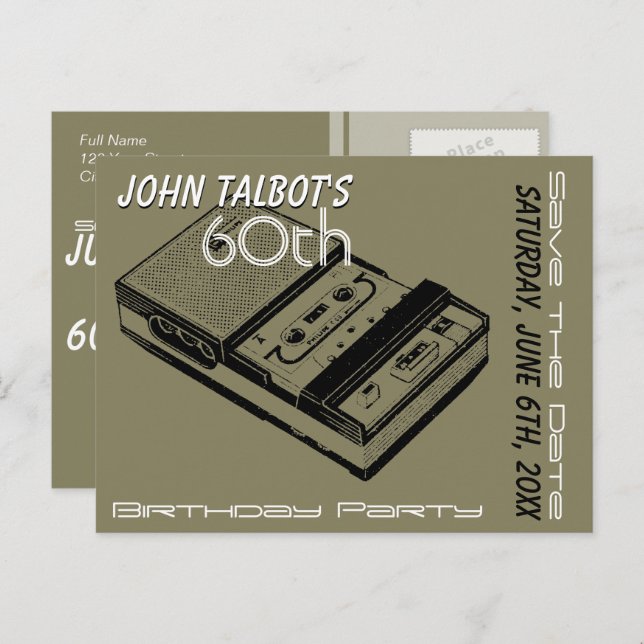 O Tape Recorder 60th birthday Party Save the Date Announcement Postcard (Front/Back)