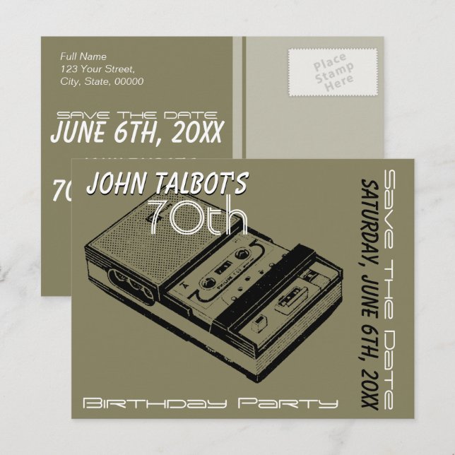 O Tape Recorder 70th birthday Party Save the Date Announcement Postcard (Front/Back)