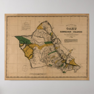 Oahu, 1881, Vintage Hawaii Map Poster