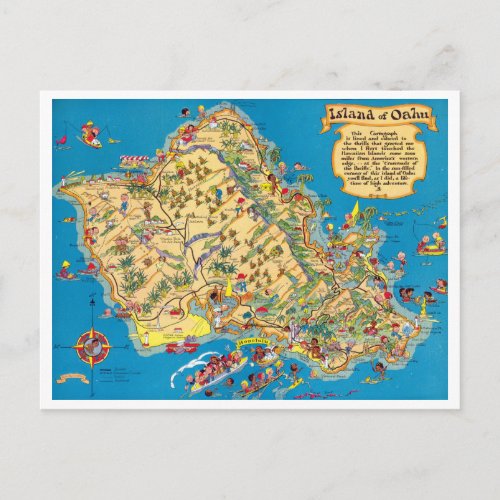 Oahu Funny Vintage Map Postcard