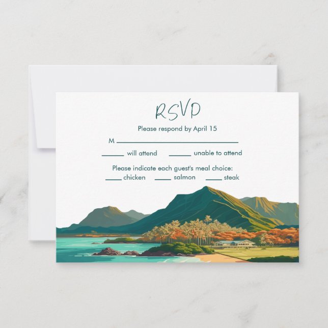 Oahu Hawaii Beach Mountain Wedding RSVP Card (Front)
