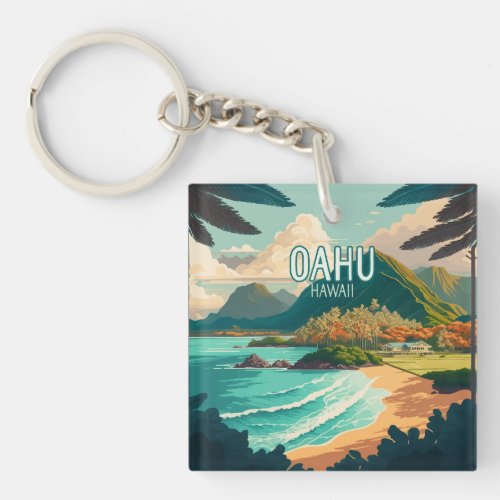 Oahu Hawaii Beach Vintage Retro Keychain