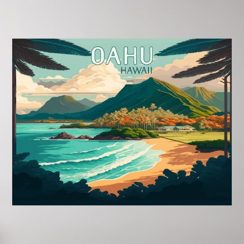 Oahu Hawaii Beach Vintage Retro Poster