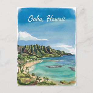 Oahu Hawaii Beach Watercolor Painting Postcard