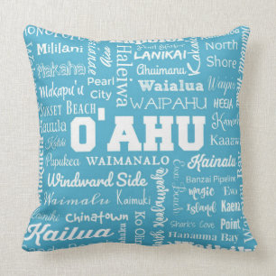 O'ahu Hawaii Cities Typography - aqua and white Throw Pillow