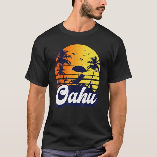 Oahu Hawaii Hawaiian Sunset Beach Retro T-Shirt (Front)