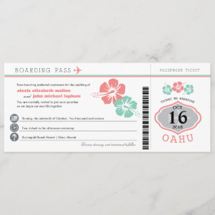 Oahu Hawaii Hibiscus Boarding Pass Wedding Invitation