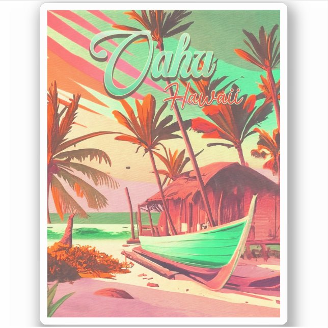 Oahu Hawaii island tropical sunset palm tree 1960s Sticker (Front)