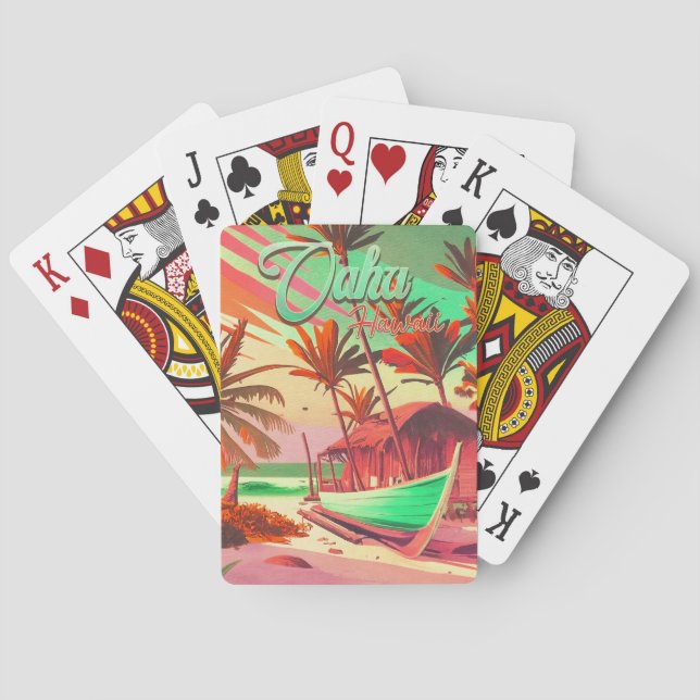Oahu Hawaii island tropical Travel palm tree 1960s Poker Cards (Back)