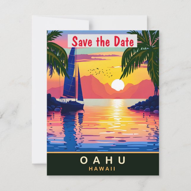 Oahu Hawaii Palm Sunset Pink Wedding Invitation (Front)