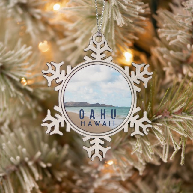 Oahu Hawaii Tropical Beach Snowflake Pewter Christmas Ornament (Tree)