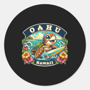 Oahu Hawaiii Cute Sea Turtle Surfing Classic Round Sticker
