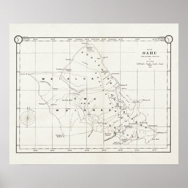 Oahu Island, Hawaii, Vintage Map 1887 Poster (Front)