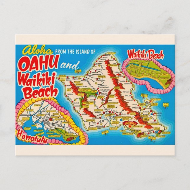 Oahu Wikiki Beach Map Postcard (Front)