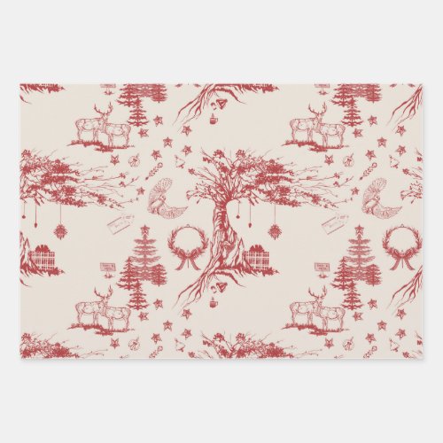 Oak and Elk holiday toile in Brick Red Wrapping Paper Sheets