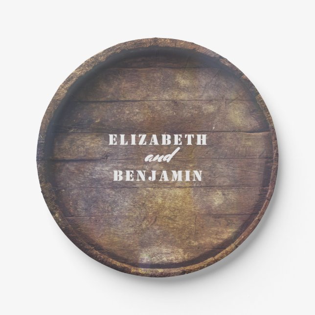 Oak Barrel Bottom Rustic Country Wood Wedding Paper Plates (Front)