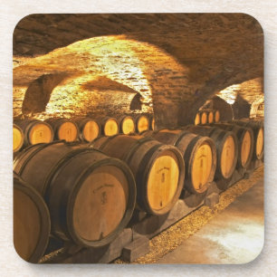 Oak barrles in the cellar at Domaine Comte Drink Coaster