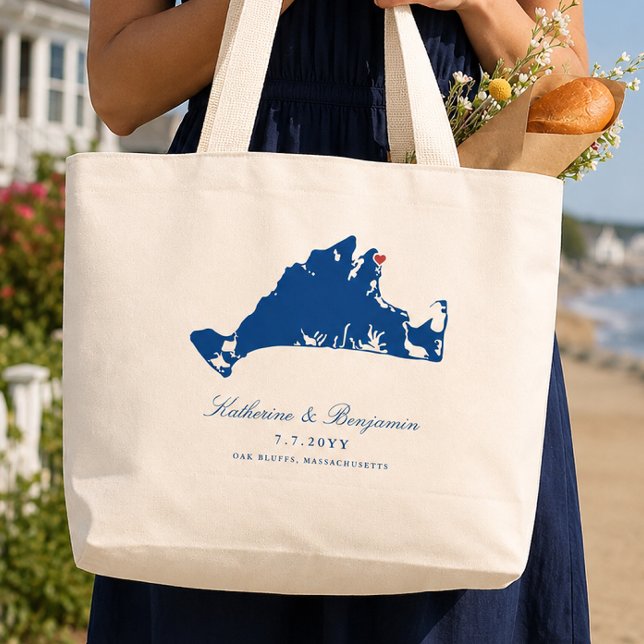 Oak Bluffs Wedding Martha's Vineyard Map Welcome Large Tote Bag (Sailing Camp Park Wedding Tote Bag Oak Bluffs Map Martha's Vineyard Wedding Welcome Bag by Coastal M)