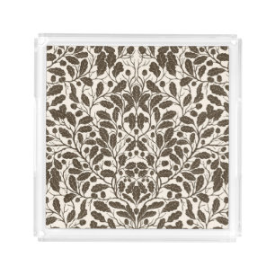Oak branches and leaves, damask pattern in brown a acrylic tray