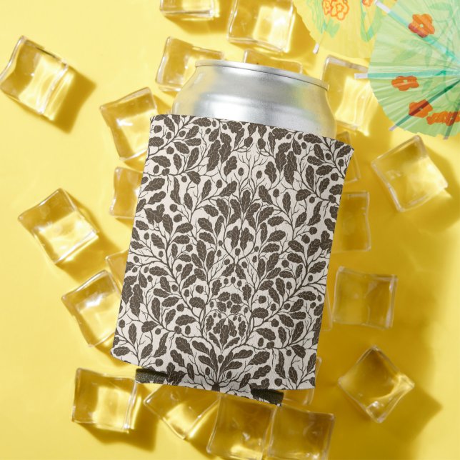 Oak branches and leaves, damask pattern in brown a can cooler (In Situ Summer)